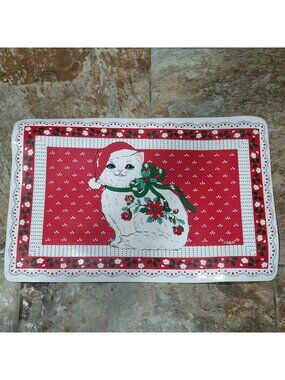 Vintage Holiday Placemat White Cat Santa Hat Poinsettia Bowtie